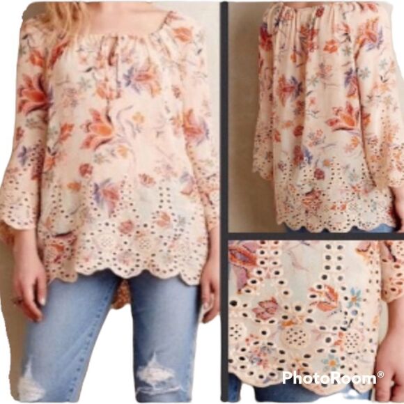 Anthropologie Meadow Rue Garden peasant lightweight scalloped trim oversized top - Picture 5 of 6